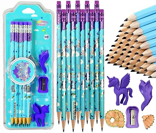 Image of Crackles Shiny Glittery Unicorn Theme Wood Thick Strong 10 Pc Pencils with Erasers on top Sharpener Eraser and a Pencil Grip Gift Set for Kids Boys and Girls (Random Print, Pack of 2)