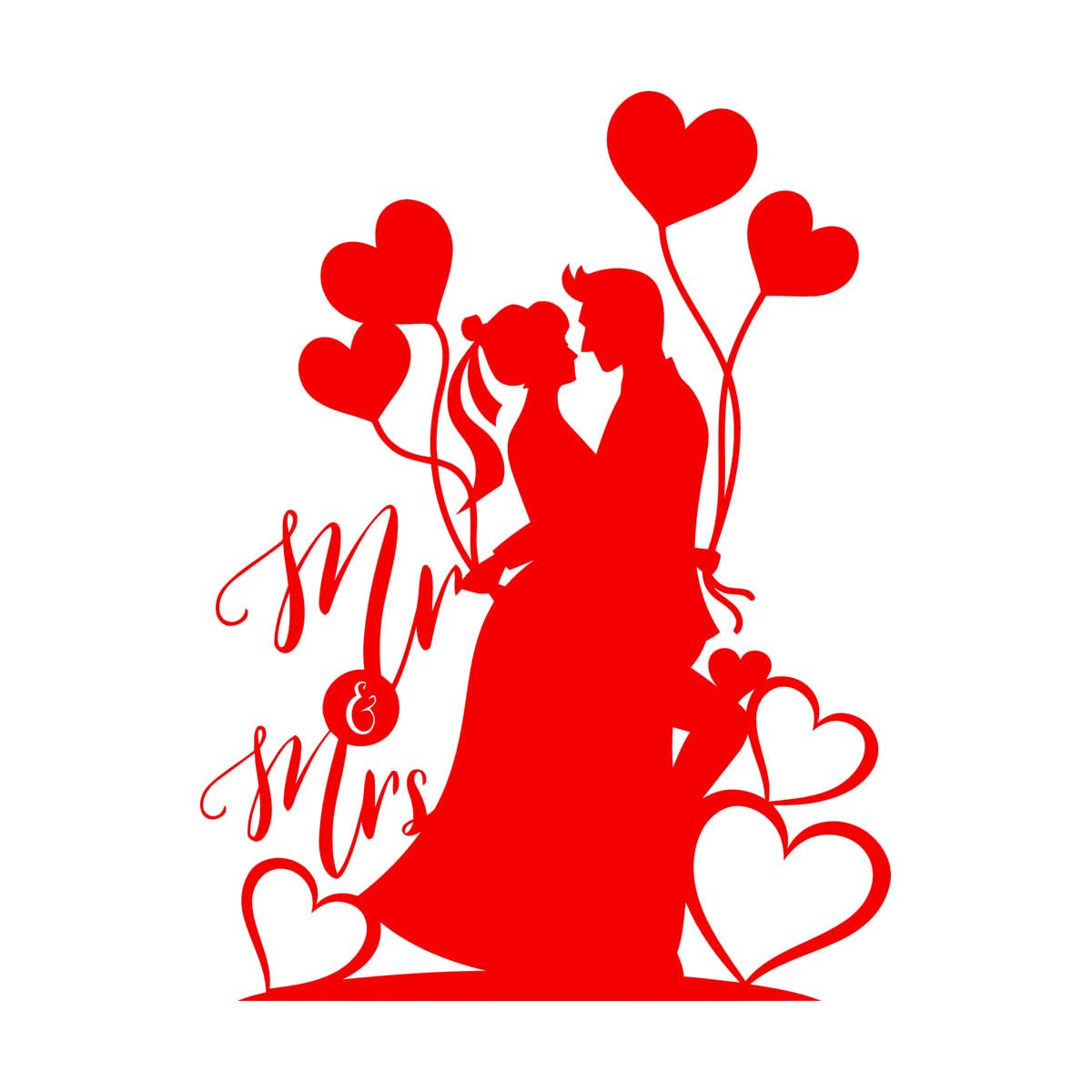 Vinyl Art Sticker Mr Mrs Kissing Silhouette Newlyweds Heart Balloons 36x48.1cm Waterproof Small red