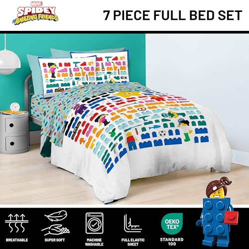 Image of Jay Franco Kids Comforter Set Includes Sheets and Pillow Covers - Soft and Cozy Bed Set for Stylish Room Decor, Official Licensed Bedding, White - LEGO, 7 Piece Full