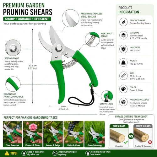 Image of Premium Garden Pruning Shears for Gardening Sharp Stainless Steel Blade Secateur Cutter with Safety Lock & Comfort Grip Heavy Duty Plant Cutter Tool for Branches, Flowers & Stems gardening tool