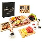 Charcuterie Board Set - Bamboo Cheese Board & Serving Tray with Stainless Steel Knives and Bowls, Housewarming Gifts New Home, Gift for Wedding Couple, Bridal Shower (NLB, 02)