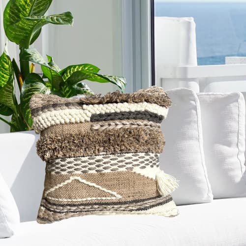 Boho Throw Pillows, Decorative Pillow Covers 18X18 Square Moroccan Rustic Neutral Handwoven Tufted Accent Pillows For Bed Couch Bedroom Sofa Chair, Boho Living Room Decor (Gray/Neutral) #TOP4