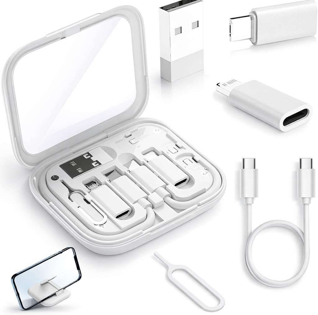 Snapcase 60W Multifunctional Fast Charging Data Cable Kit, Conversion Set USB A & Type C to Male Micro/Type C/Lightning,Data Transfer,Sim Storage,Sim Eject Pin,Pocket Mirror,Phone Holder (White)