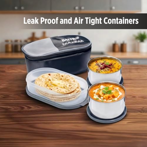 Image of BALTRA LUNA Set of 3Pcs Lunch Box with Insulated Fabric Bag For Daily Use | 2 x 220ml Stainless Steel Container, 1 x Oval Container | Lightweight Leakproof Airtight Tiffin Box Case For Office & Travel