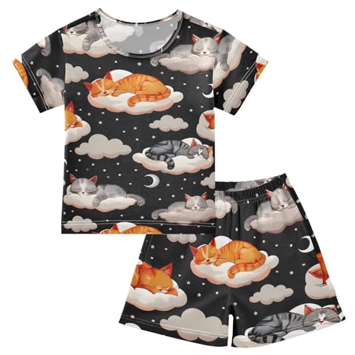ALAZA Cute Cat Sleeping Moon Cloud Pajamas Short Sleeve 2 Piece Sleepwear Top and Bottom Pajama Set Unisex