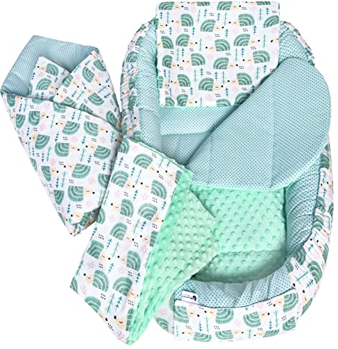 Medi Partners 5pcs Set with Baby Nest 100x60x15cm Removable Insert Flat Cushion Blanket Babyhorn for Babies Newborns 100% Cotton (Hedgehogs with Mint Plush)