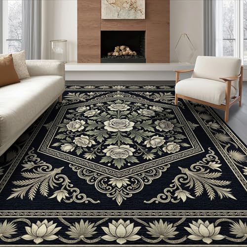 ODIKA 6'x9' Washable Oriental Area Rug, Black Non-Shedding Pet Friendly Room Rug for Queen Size Bedroom, Under Bed, Master Suite, Foldable Easy Care Carpet | Ref:1654515