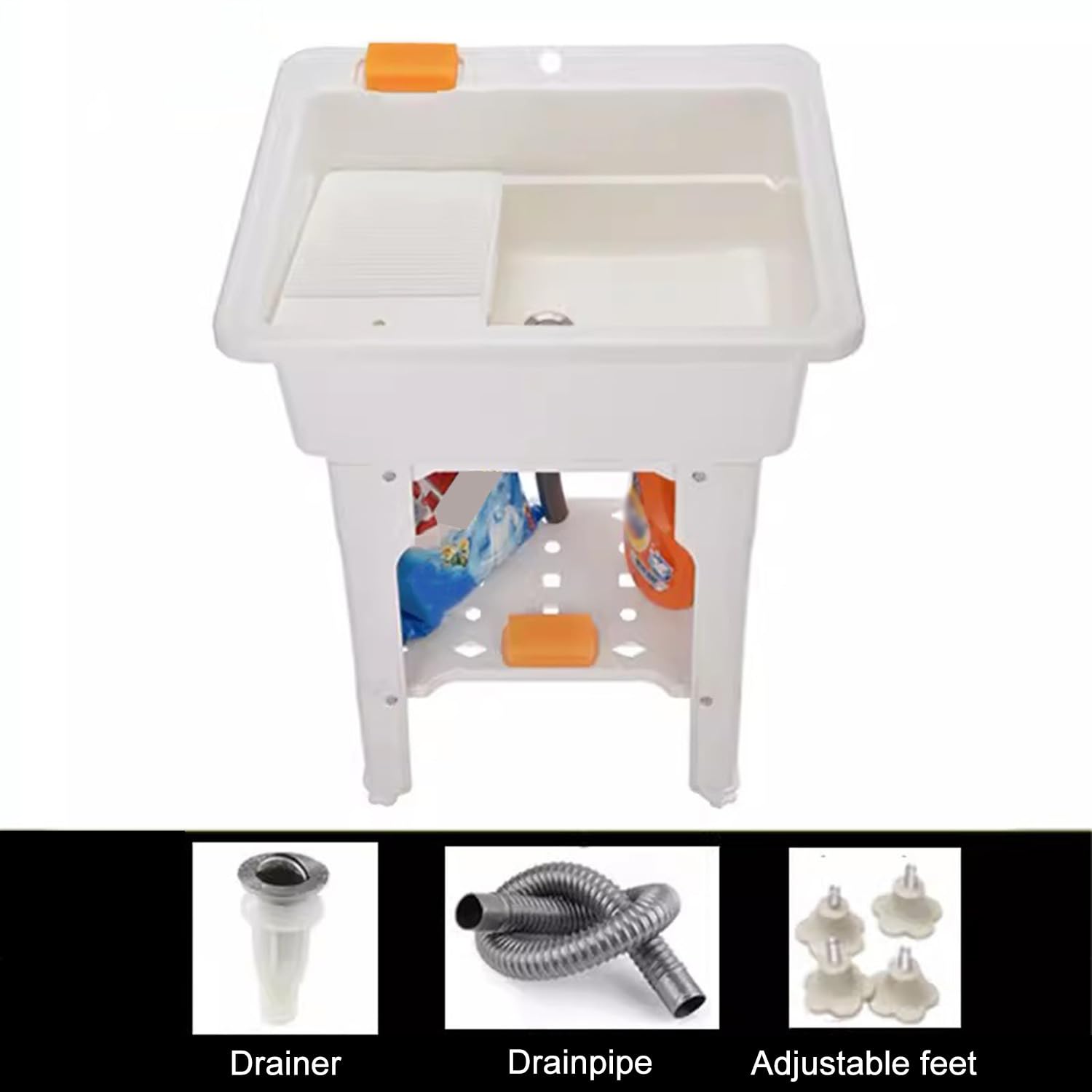 Fregadero Independiente para Lavandería, Lavabo De Plástico PP con Estante De Almacenamiento Inferior Y Pies Ajustables, Lavabo Interior Y Exterior para Lavar Ropa a Mano