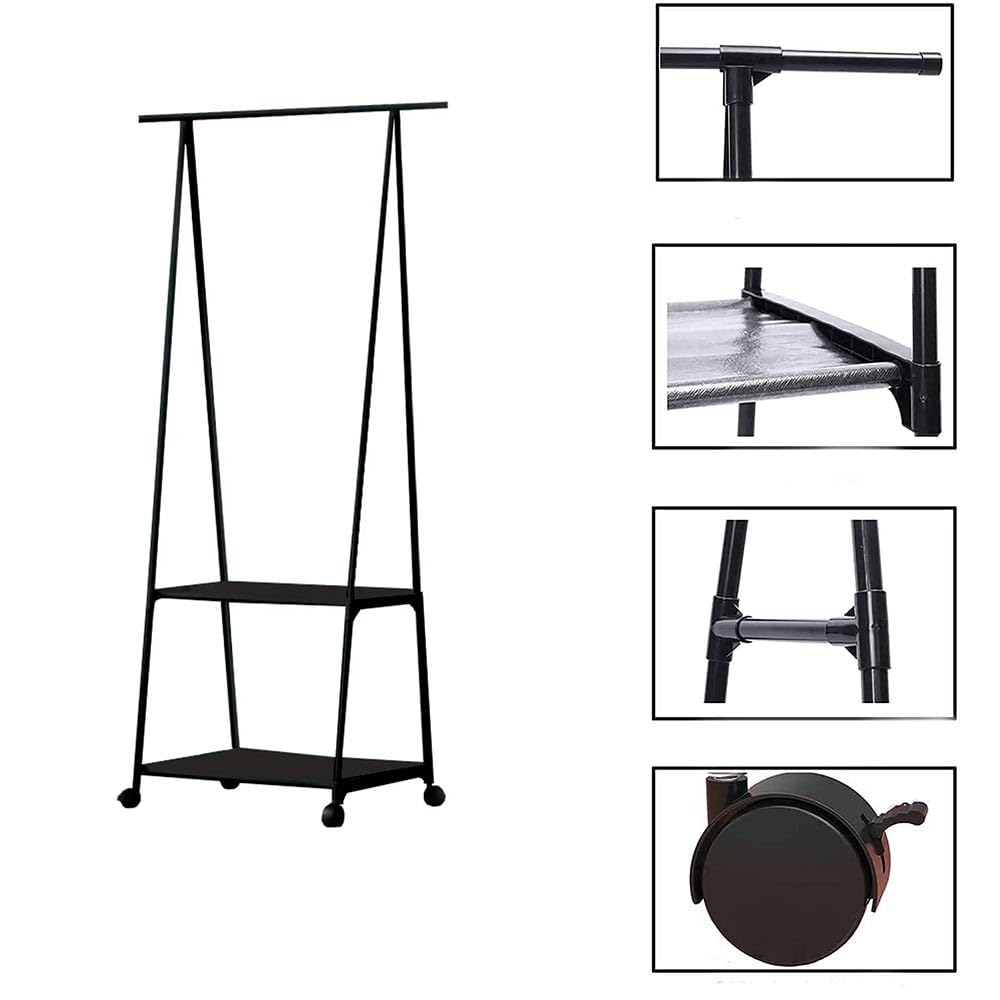 Vetrineinrete® Stand Appendiabiti in metallo per abiti con ruote 2 ripiani espositore guardaroba 160X55X42 cm (Nero)