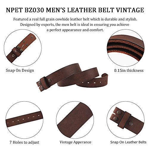 NPET Men's Full Grain Leather Belt Vintage Distressed Style with Snap-On Strap 1 1/2" Wide without Buckle4