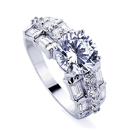 Sterling Silver Wedding Ring 2 Carat Round Cz Stone Baguette Accented Solitaire Wedding Engagement Ring (Size 5 To 8) #TOP12