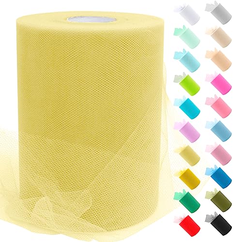 Uiopa Tulle Jaune Clair, 15cm x 91,4m Rouleau de Tulle en Polyester Maille Tissu pour Tutu Jupe, Deco Mariage/Fête, Deco Chaise Mariage, Noeud Cadeau, Artisanat DIY