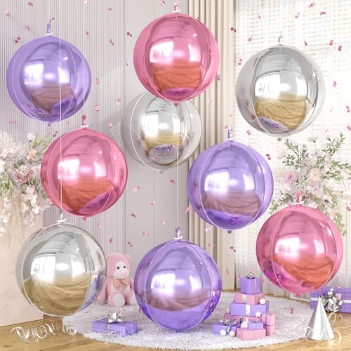 Image of 9 Pcs Pink Purple Silver Round Foil Balloons,22 Inch Round Balloons