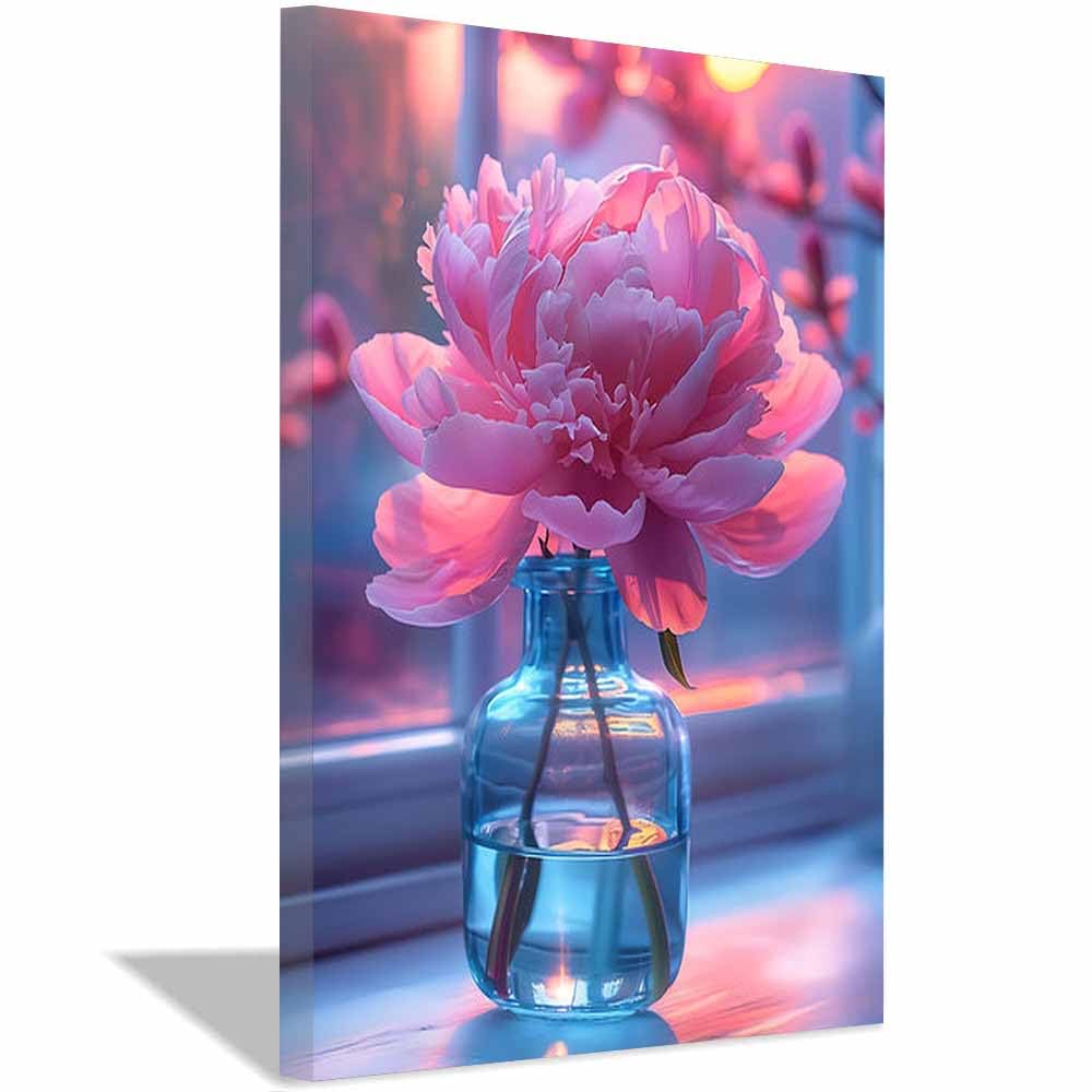 QUSAAOU Bilder Wohnzimmer Modern Rosa Florale Blau Glas Vase Moderne FüR Das Wohnzimmer Auf Leinwand Wandbilder Affiches Murales Pour La Maison(Rosa)-30x45cm Gerahmt
