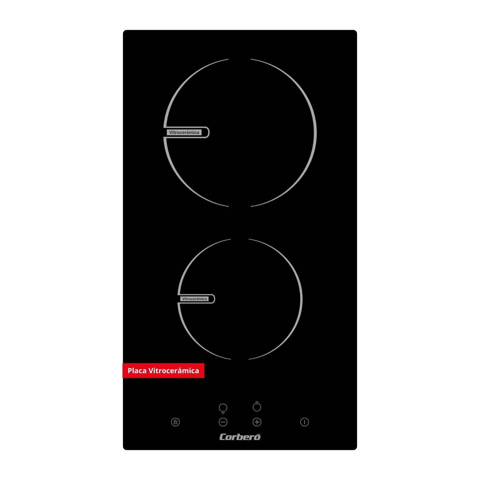 Corberó – Placa Vitrocerámica 2 zonas | CCVGD25BF | 9 Niveles de Potencia | Control Táctil | Potencia 2900 W | Desconexión Automática | Bloqueo Infantil | Negro