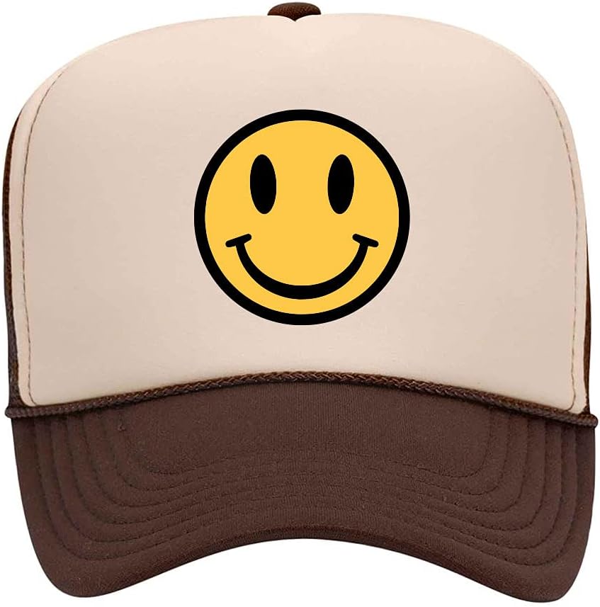 Yellow Smile Face Suede Like Feel Textured Printed 5 Panel Two Tone High Crown Mesh Back Trucker Hat