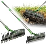 Heavy Duty Thatch Rake for Lawns - 13” Deep-Clean Dethatching Rake for Dead Grass & Moss Removal, Dual-Sided Manual Dethatcher and Scarifier Tool, 65' Long Metal Handle for Garden Yard Lawn Care