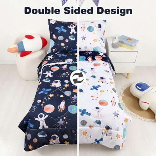 Image of 4 Piece Toddler Bedding Set, Ultra Soft and Breathable Cartoon Space Toddler Comforter Sets for Boys Includes Quilted Comforter, Fitted Sheet, Flat Sheet and Pillowcase