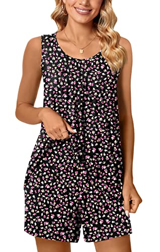 Image of POPYOUNG Pajama Set for Women Summer 2 Piece Lounge Shorts Sets Sleepwear | Womens Pajama Sets Cooling pijamas de mujer for Summer with Pockets Sleeveless Nightwear Outfits Pjs Shorts Set