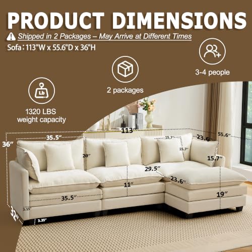 Image of 113 inch Modular Sectional Sofa, L Shaped Cloud Couch with Ottoman | Comfy Chenille Deep Seat Sofa with Throw Pillows, 4 Seat Modern Couches for Living Room Bedroom Apartment, Beige, 113 inch L