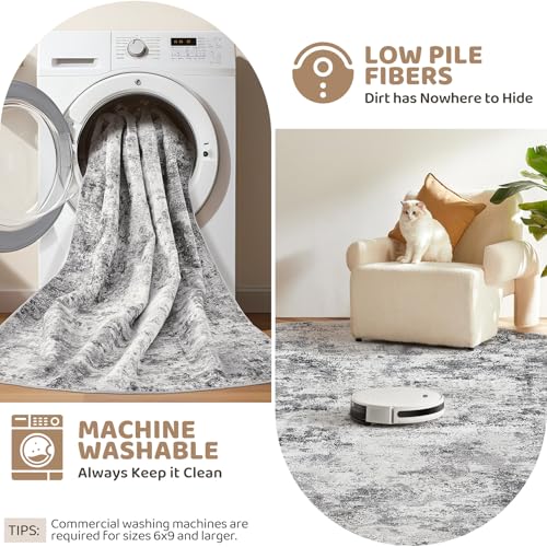 3X12 Washable Runner Rug for Hallway: Soft Neutral Modern Abstract Area Rug - Non-Slip Low Pile Long Throw Indoor Carpet for Kitchen Entryway Kitchen Bedroom Laundry - Grey