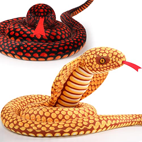 Zhanmai 2 Pcs Yellow Red Snake Stuffed Animal, 43 Inch Long Lifelike Cobra Stuffed Plush Toy Snake Plushie Gifts for Kids Children Birthday Home Prank Prop Party Decor