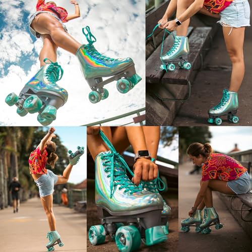 JajaHoho Roller Skates for Women, Shiny Holographic High Top Rollerskates, Double-Row Four Mixture Gradient Wheels Quad Skates for Girls Age 8-50 Indoor Outdoor (Size 4, Mint Green)