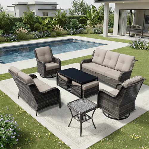 Image of Joyside 8 Piece Wicker Patio Furniture Set, Outdoor Swivel Rocker Patio Chairs with High Back, Deep Seating, Wide Armrest, Thickened Cushions, Outdoor Furniture for Deck, Porch Use