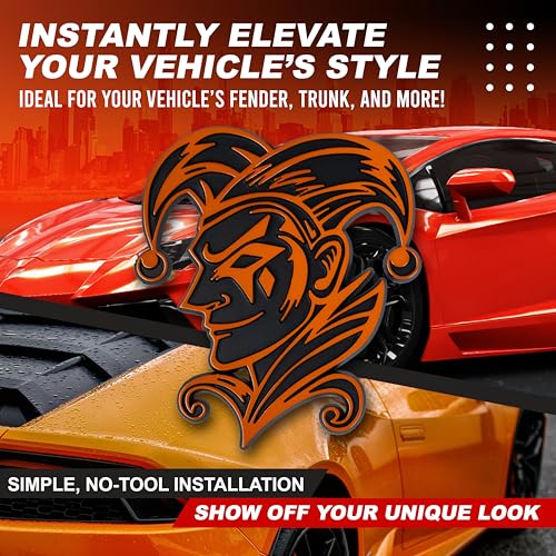 Image of Joker Emblem 3D Jester Badge - Custom Car Decal Sticker for Car, Truck, SUV - Durable Exterior Trunk, Hood, Fender (Set of 2) (Orange)