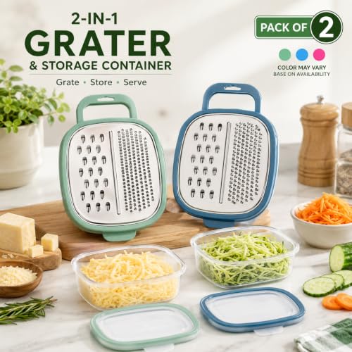 Image of 2-in-1 Cheese Grater with Storage Container Pack of 2 | Stainless Steel Manual Vegetable Grater with Lid | Food Container for Cheese, Carrot, Cucumber, Potato, Garlic & Ginger