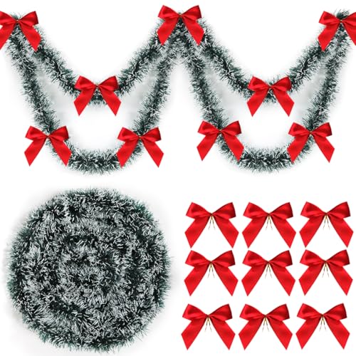 Sprinlot Guirlande de Noël Vert foncé, 10M Guirlande Sapin avec 24 Nœud Rouges, Guirlande de Sapin de Noel, Guirlandes de Noël Brillantes, Guirlandes Noël et Festivals Fenêtres Escaliers