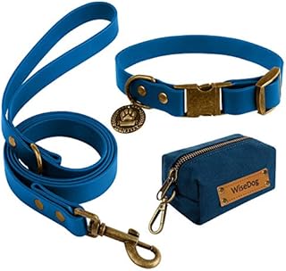 Wisedog Waterproof Dog Collar and Lead Set: Adjustable Dog Collar, Classic Dog Lead with Poop Bag Holder, for Medium Large Dogs and Small Size Dogs (M(Collar:12"-18";Lead:5 ft), Blue)