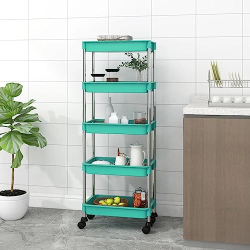 Tidyard Chariot de Cuisine 5 Niveaux Turquoise 42x29x128 cm Fer et ABS, Étagère de Rangement avec roulettes, Desserte Mobile pour Cuisine Salle à Manger,...