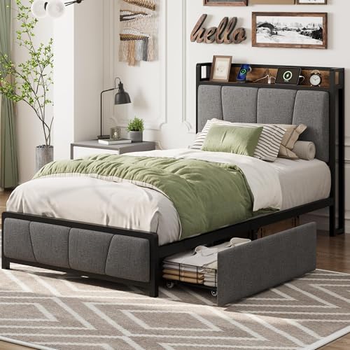 Image of GAOMON Twin Size Bed Frame with 2 Storage Drawers and Charging Station, Rustic Linen Upholstered Platform Bedframe with Storage Headboard, Heavy Duty, No Box Spring Needed, Easy Assembly, Noise Free