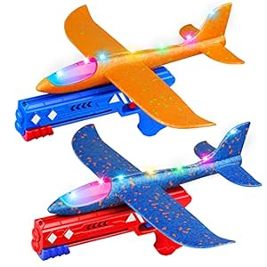 FunMas LED Light Airplane Launcher Toy Set with 2 Pack, Foam Glider Outdoor Flying Games Toys for Kids, Throwing…