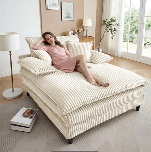 Image of Oversized Chaise Lounge Chair Indoor with 5-Position Adjustable Backrest, 54.8 inch Upholstered Corduroy Deep Seat Single Cloud Sofa Chair, Fluffy Modern Sleeper Couch Bed for Living Room, Beige White