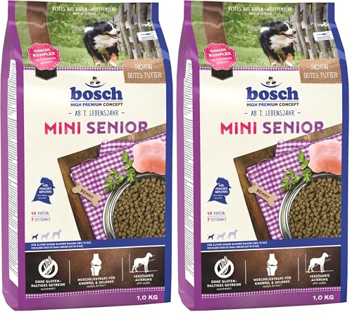 Bosch HPC Mini Senior | Hundetrockenfutter für ältere Hunde Kleiner Rassen (bis 15 kg) | 1 x 1 kg (Packung mit 2)