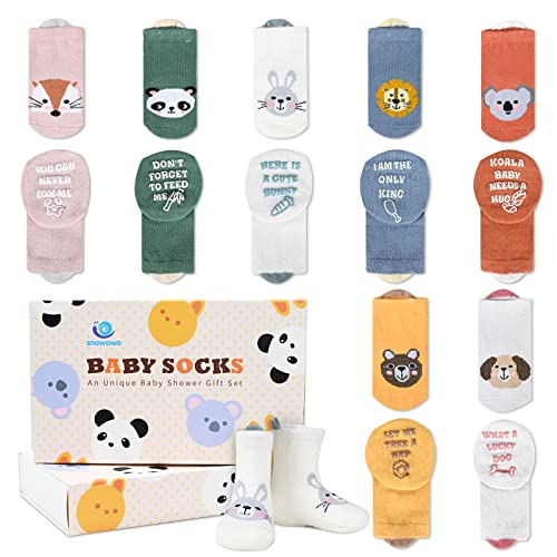 Snawowo Funny Newborn Baby Socks With Grip, 7 Unique Pairs, Cute Gender Neutral Gift For Baby Shower & Baby Registry Search, Animal Charter Themed, Non Slip Infant Socks For Girl Boy 0-6Months Unisex #TOP24
