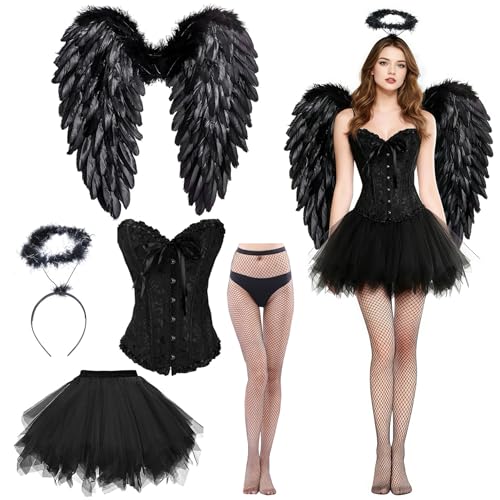 6 Stück Schwarz Engel Kostüm,Engel Teufel Kostüm Damen,Engel und Teufel Flügel Kostüm,Halloween Kleidung Damen,engelsflügel Deko Kleidung...
