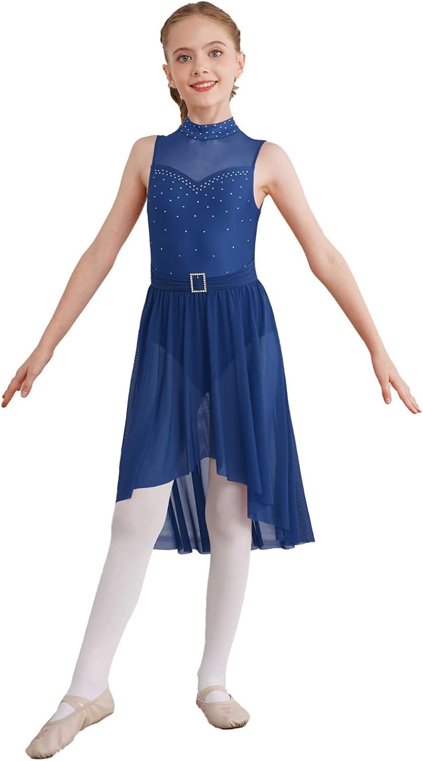 FEESHOW Girls Sequined Irregular Ballet Lyrical Dance Chiffon Dress Ballerina Dancing Costumes Gymnastics Leotard