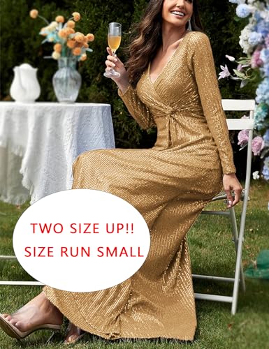 Image of Long Sleeve Sequin Dress For Women Formal Gowns Sparkly V Neck Maxi Dress
