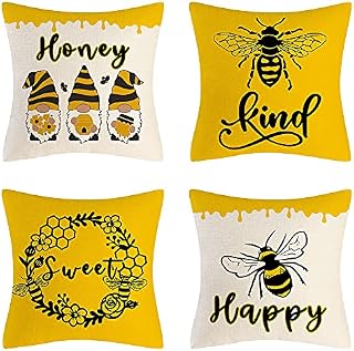 WDDT Yellow Bee Pillowcase, Set of 4 Decorative Cushion Covers 45x45cm, Superior Thick Linen Square Throw Pillow Cover, Durable Printed Throw Pillow Case, for Bedroom Livingroom Garden Outdoor Patio