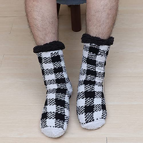 Men's Slipper Socks with Grips Non Slip Soft Fuzzy Cozy Fleece Lined Plaid Pattern Socks for Cold Winter2