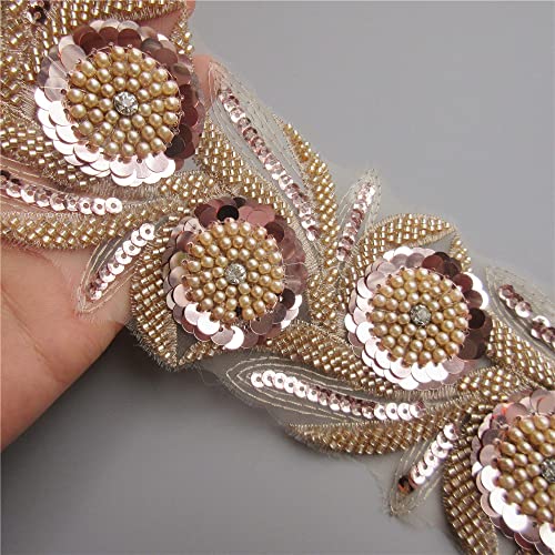 1 Meter Bright Pearl Beaded Sequins Crystal Flower Lace Trim Ribbon 8.5Cm Width Vintage Trimmings Fabric Embroidery Patchwork Sewing Craft Handmade Wedding Dress Clothes Decoration (Champagne) #TOP2