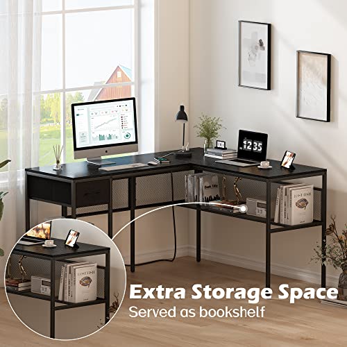 Superjare L Shaped Desk With Power Outlets & Led Lights, Reversible Computer Desk With Storage Shelves & Fabric Drawer, Corner Desk, Home Office Desk, Black #TOP2