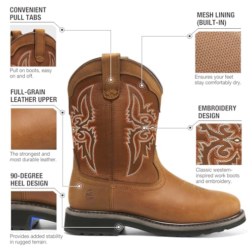 NINGO Men's Cowboy Boots Square Steel Toe, Full-Grain Leather & Oxford Splicing, Non-Slip Western Comfortable Work Boots with EH Protection, for Construction, Farming and Outdoor Work2