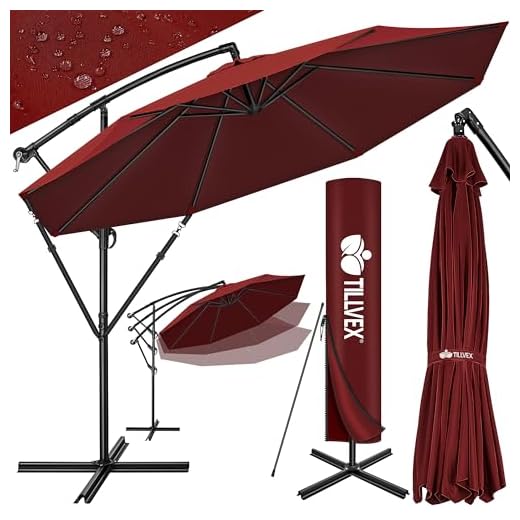 tillvex Parasol déporté hexagonale 3M avec manivelle, couverture & paravent | Pare-soleil avec pied | Protection UV en aluminium pour le jardin | Parasol à manivelle pour le marché déperlant (Rouge)