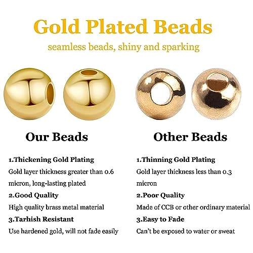 PH PandaHall 600pcs 4mm 14K Gold Plated Brass Beads Long-Lasting Smooth Spacer Beads Seamless Loose Ball Beads Gold Metal Beads for Summer Hawaii Necklaces Bracelets - Image 4