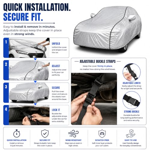 Image of BORDAN Sonet Heavy Duty Car Cover Waterproof | 6-Layer Full Body Protection with Soft Cotton Inner Lining | UV, Rain, Heat, Dust & Scratch Resistant | Custom Fit with Mirror Pockets | Silver