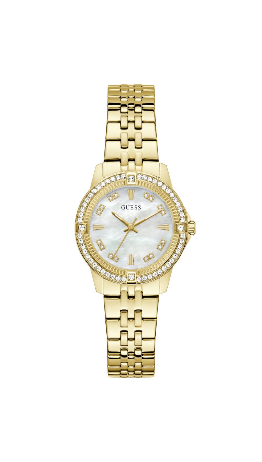 Guess Damen Armbanduhr GW1027L2 Colette Pearl, 32 mm Edelstahl Gold, Perlmutt Zifferblatt, Quarz, Mineralglas, 3 ATM, Zirkonia, Gliederarmband 16 mm